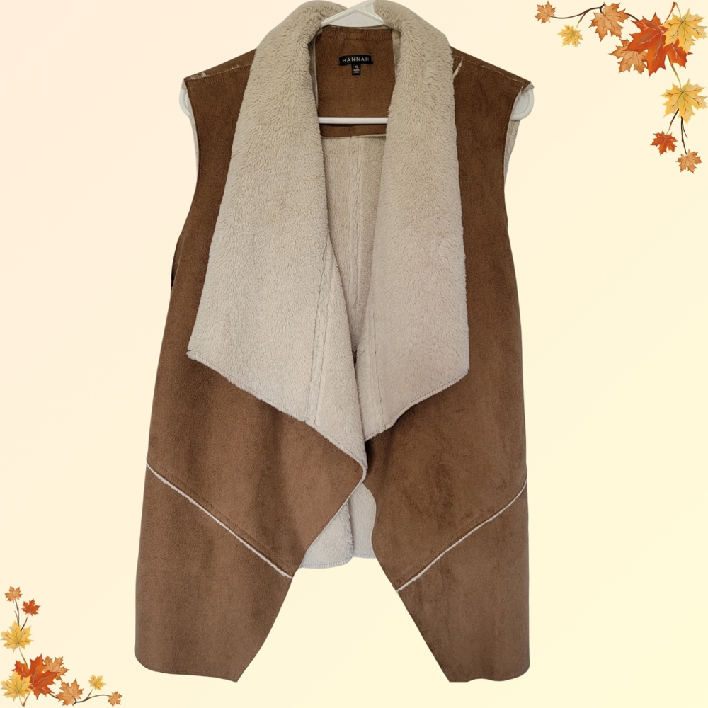 Hannah Tan Faux Suede Open Front Waterfall Vest with Faux Fur Interior, Size XL